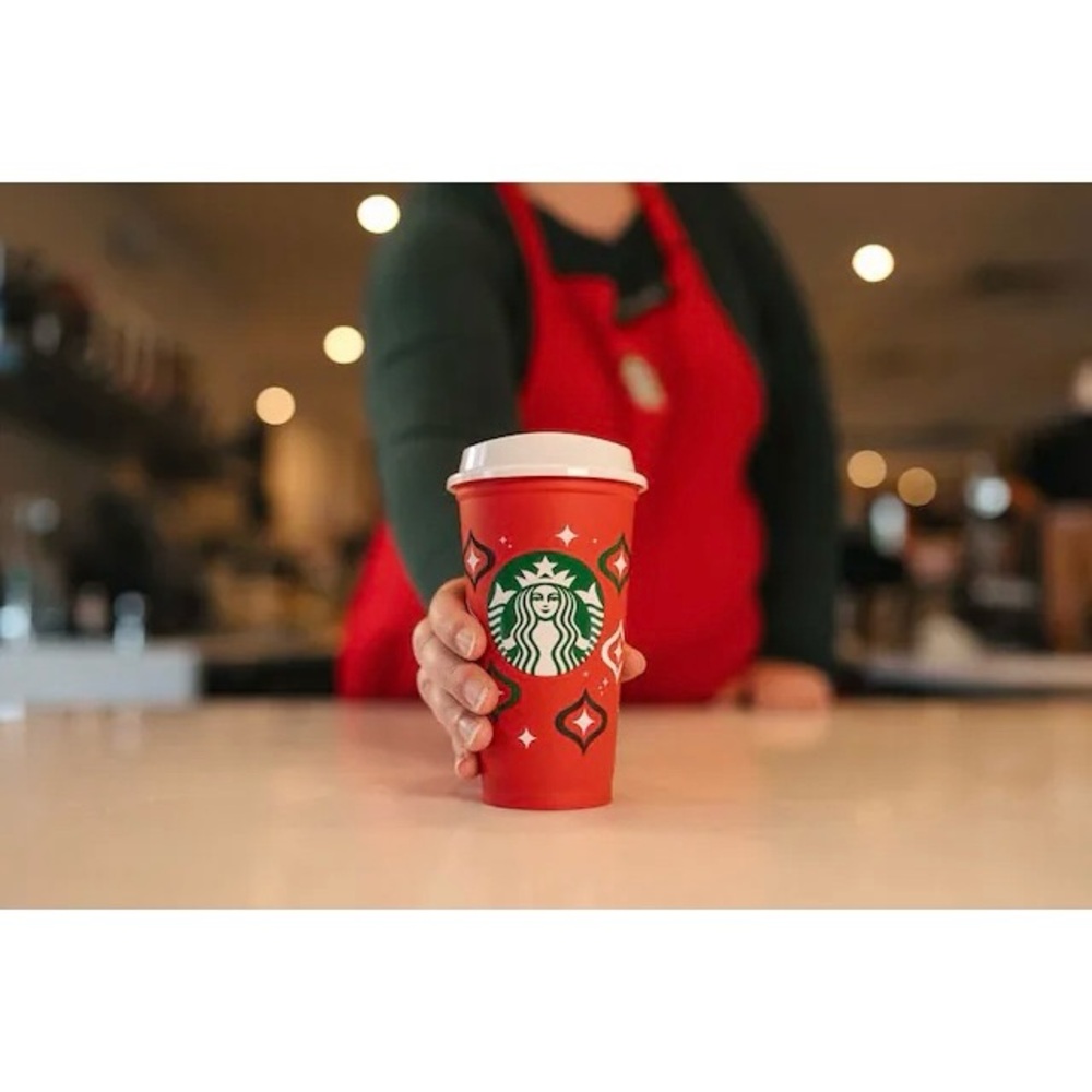 NWOT Starbucks Novelty Holiday 16 oz. Plastic Travel Cup Red & White